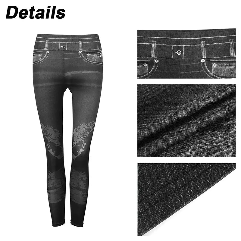 Faux Denim Leggings para Mulheres Verão Jeans Cintura Alta