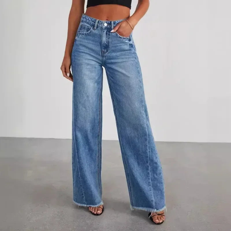 Calça Primavera Verão,Perna larga, Costura Jeans Bainha Desfiada