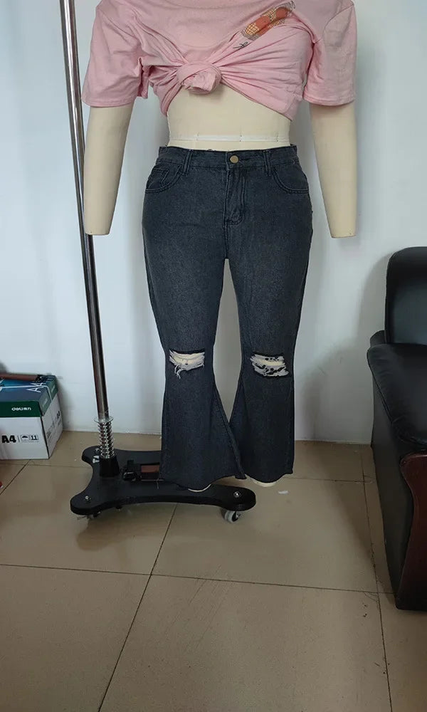 Calças jeans femininas primavera e outono, calças casuais rasgadas, cintura alta