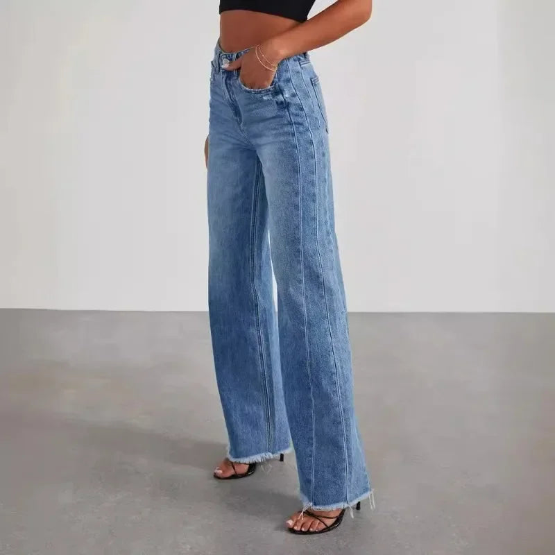 Calça Primavera Verão,Perna larga, Costura Jeans Bainha Desfiada