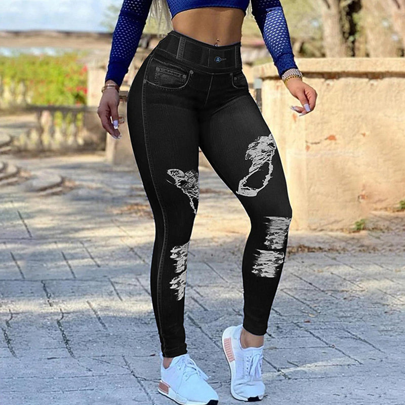 Faux Denim Leggings para Mulheres Verão Jeans Cintura Alta