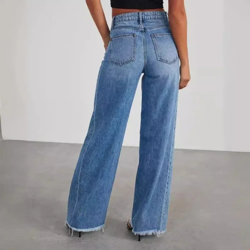 Calça Primavera Verão,Perna larga, Costura Jeans Bainha Desfiada