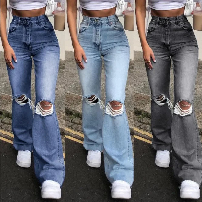 Calças jeans femininas primavera e outono, calças casuais rasgadas, cintura alta