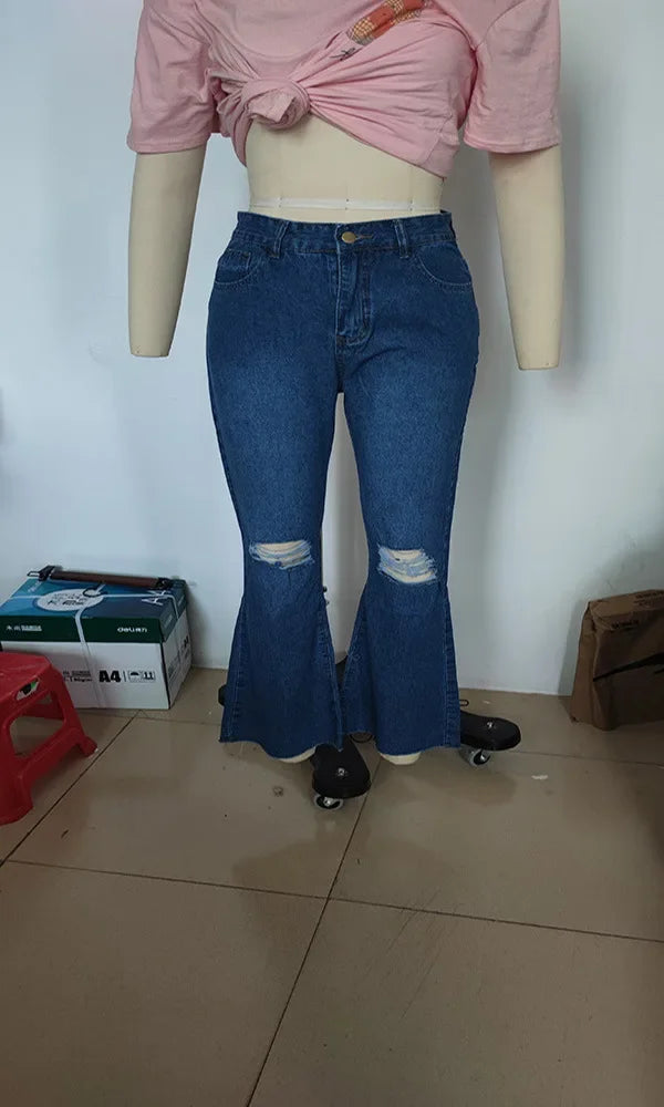 Calças jeans femininas primavera e outono, calças casuais rasgadas, cintura alta