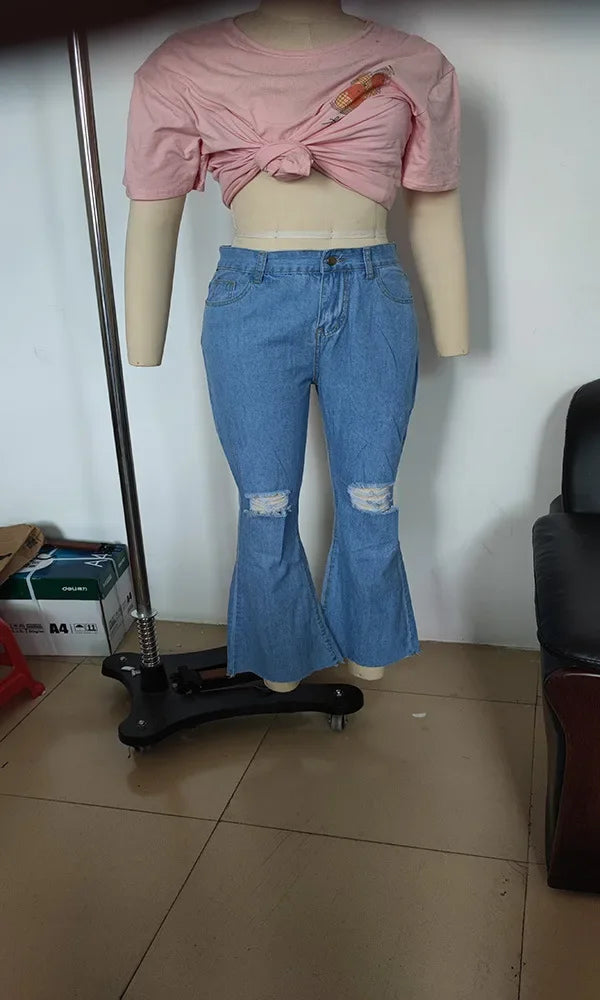 Calças jeans femininas primavera e outono, calças casuais rasgadas, cintura alta